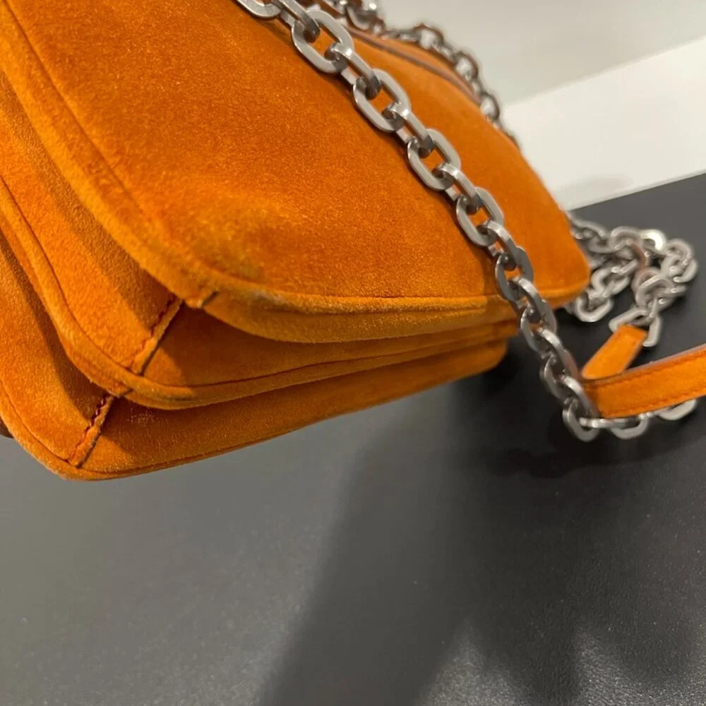 Prada Orange Suede Lock Flap Chain Shoulder Bag (141155)